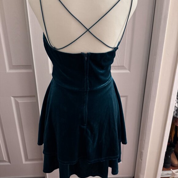 Teal Velvet Tiered Mini Dress – Adjustable Straps, Criss-Cross Back (Size S) - Picture 5 of 6